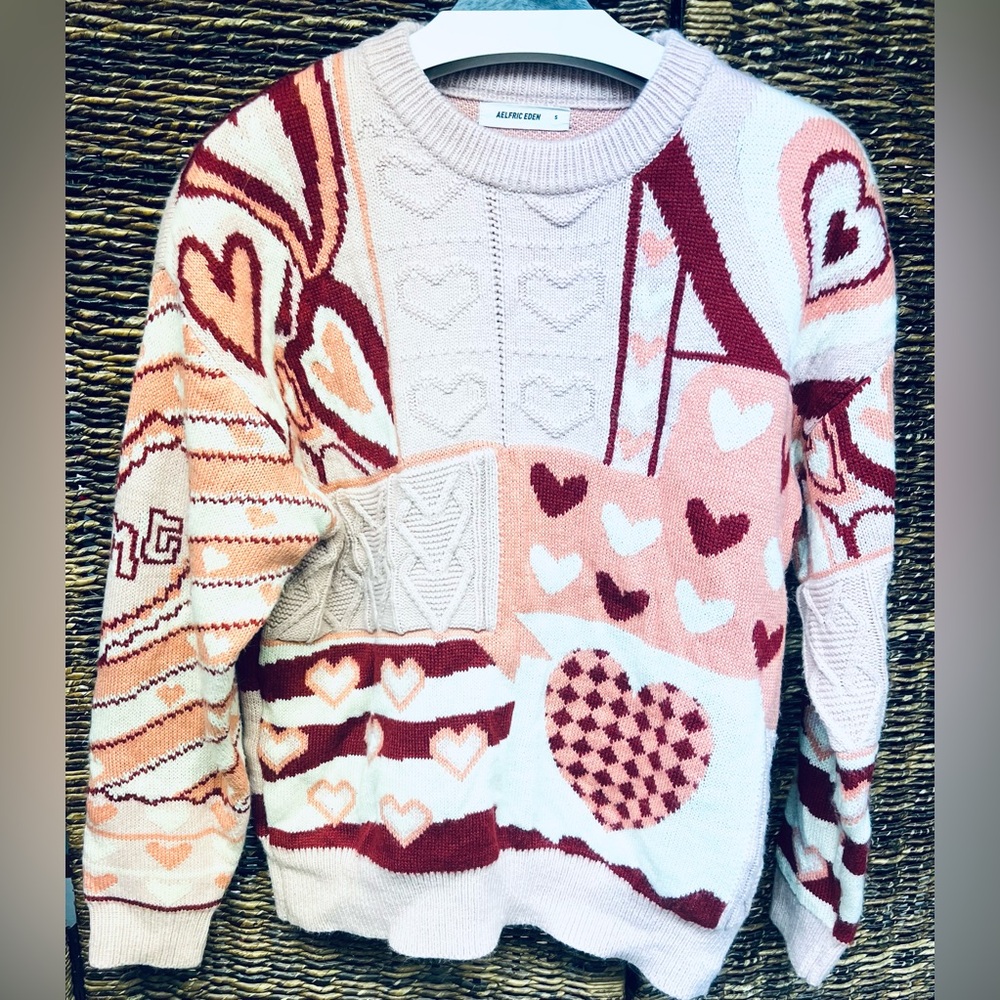 Aelfric Eden- Women's Heart Pattern Sweater - Pink‎ and Red, Size: Small
